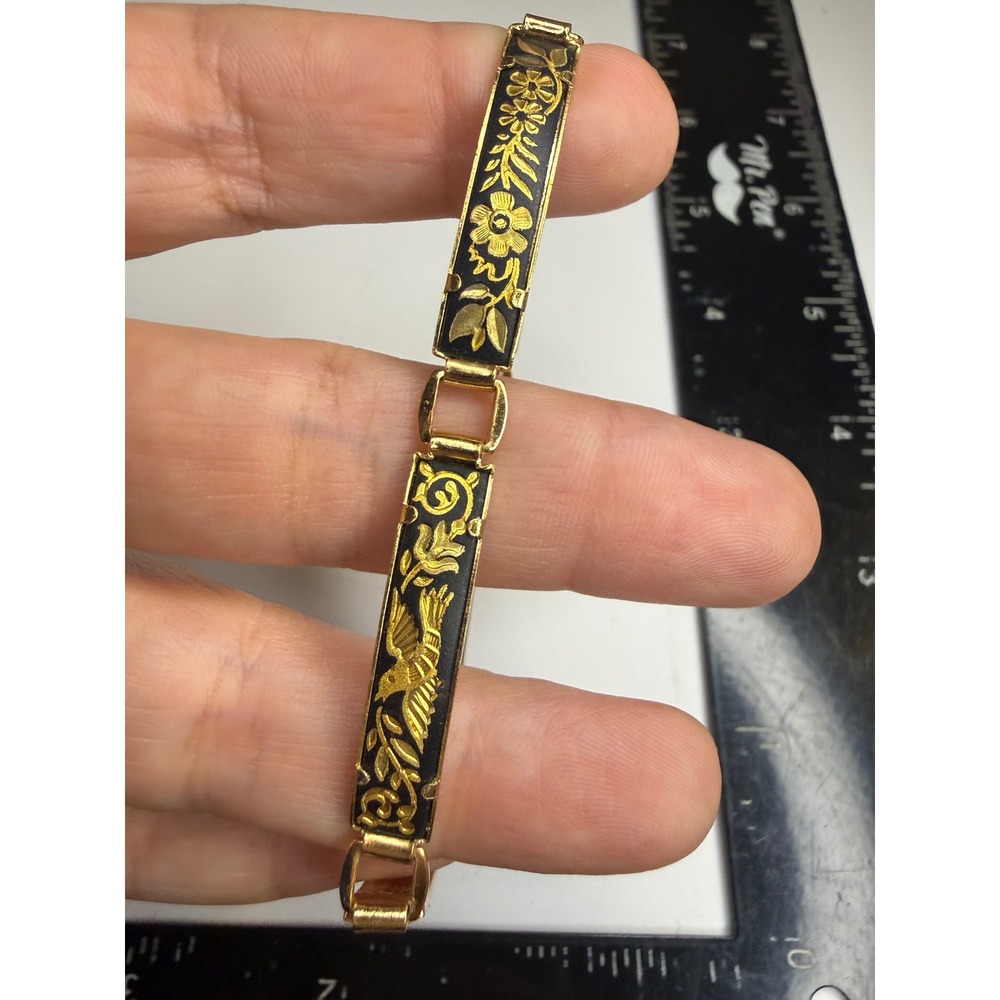 Damascene Gold Tone Black Enamel Floral Bird Link Bracelet 7.25 Inch